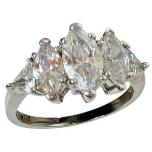 Vintage Style Marquise Cut Cubic Zirconia Five Stone Ring Silver Tone Size 7
